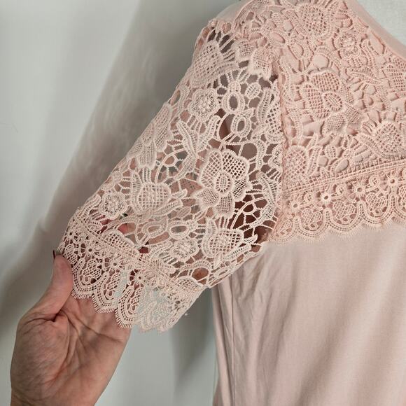 🎄 Adrianna Papell NWT lace details short sleeve top Large blush pink - Picture 9 of 17